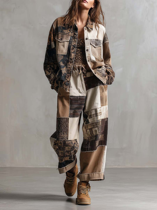 Patchwork Printed Utility Jacket & Pants Set