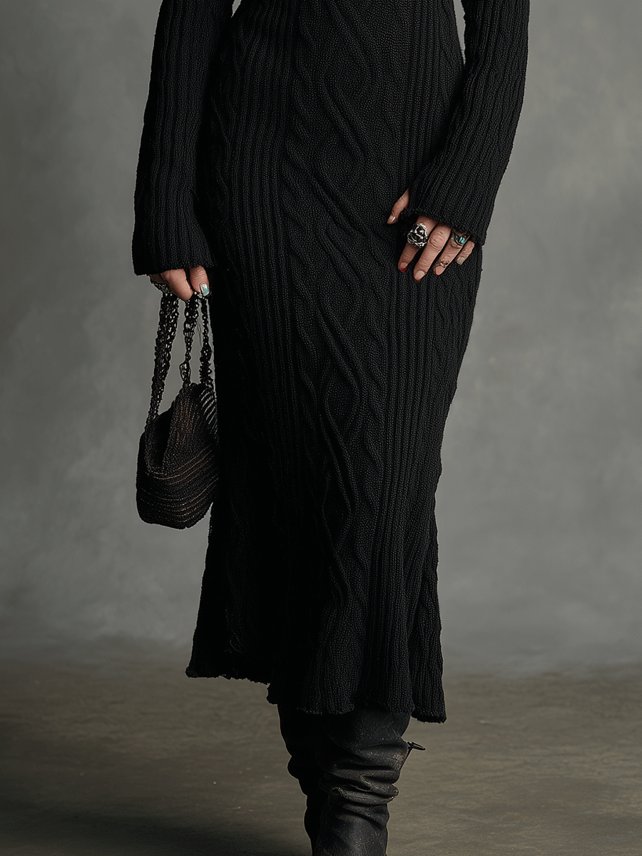 Elegant Black Ribbed Knit Square Neck Maxi Dress