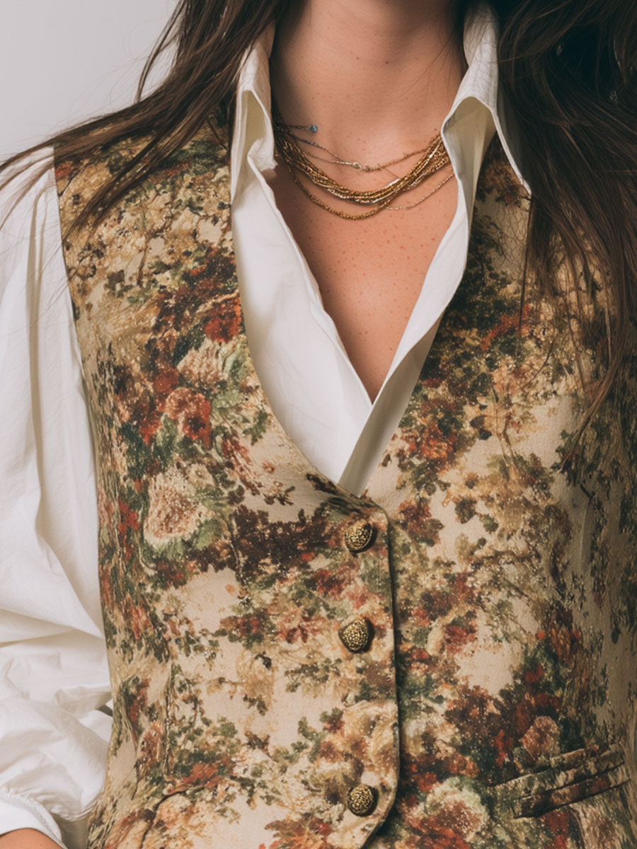 Vintage Oil Painting Flower Print Vest