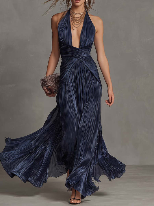 Elegant Navy Halter Pleated Maxi Dress