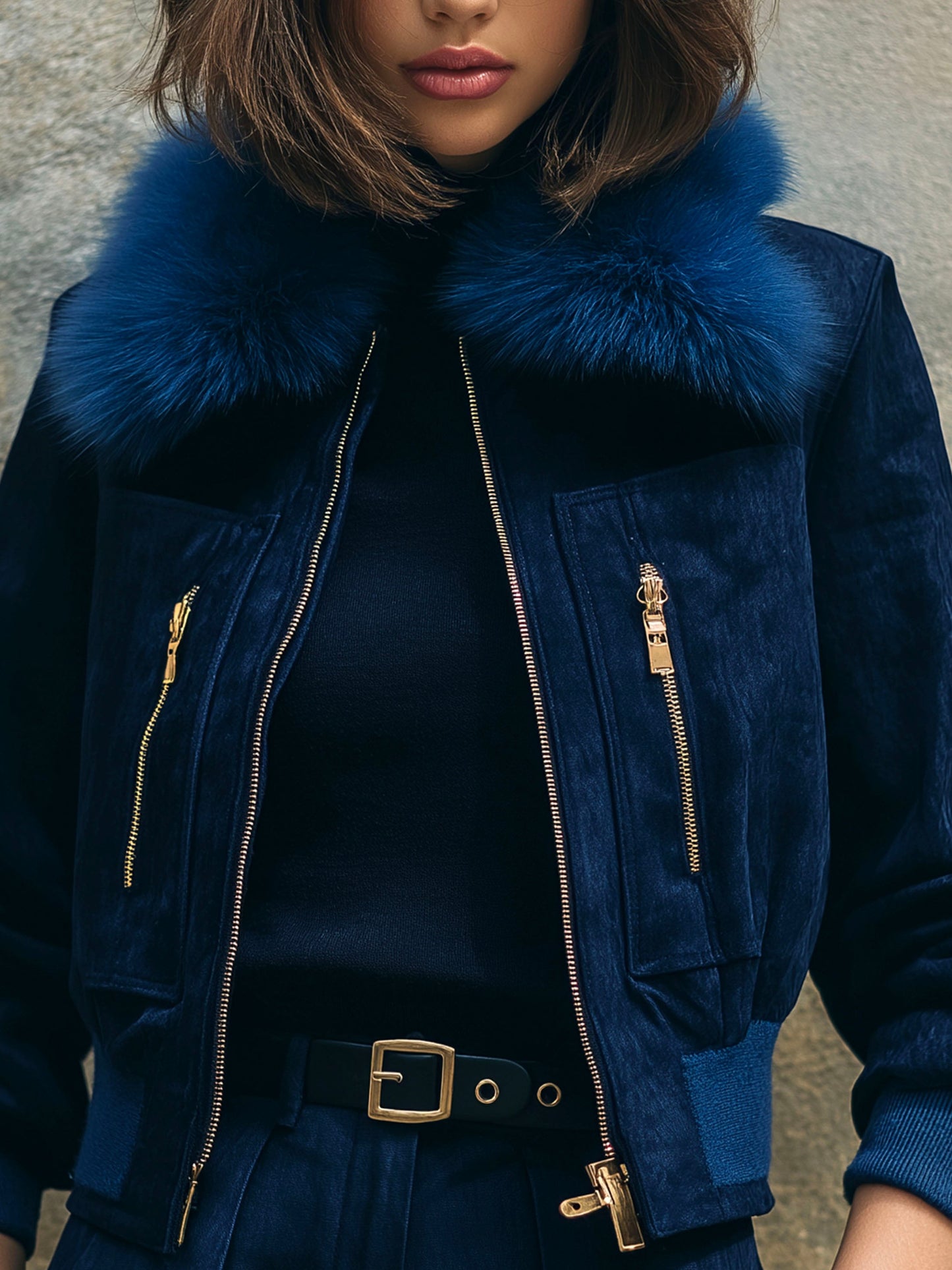 Chic Navy Eco Fur Collar Microsuede Zipper Bomber Jacket With Ribbed Cuffs