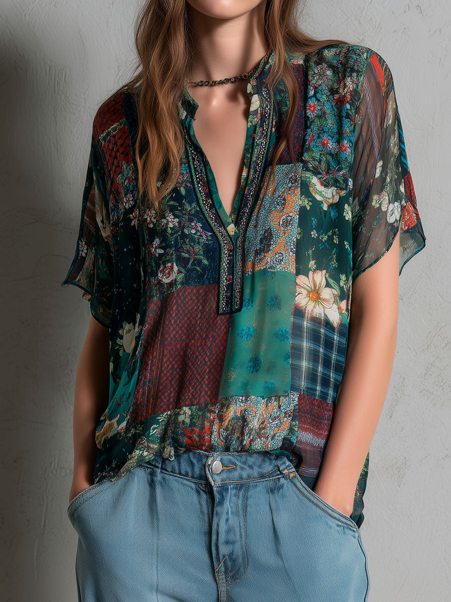 Bohemian Patchwork Multi-Print Chiffon Blouse