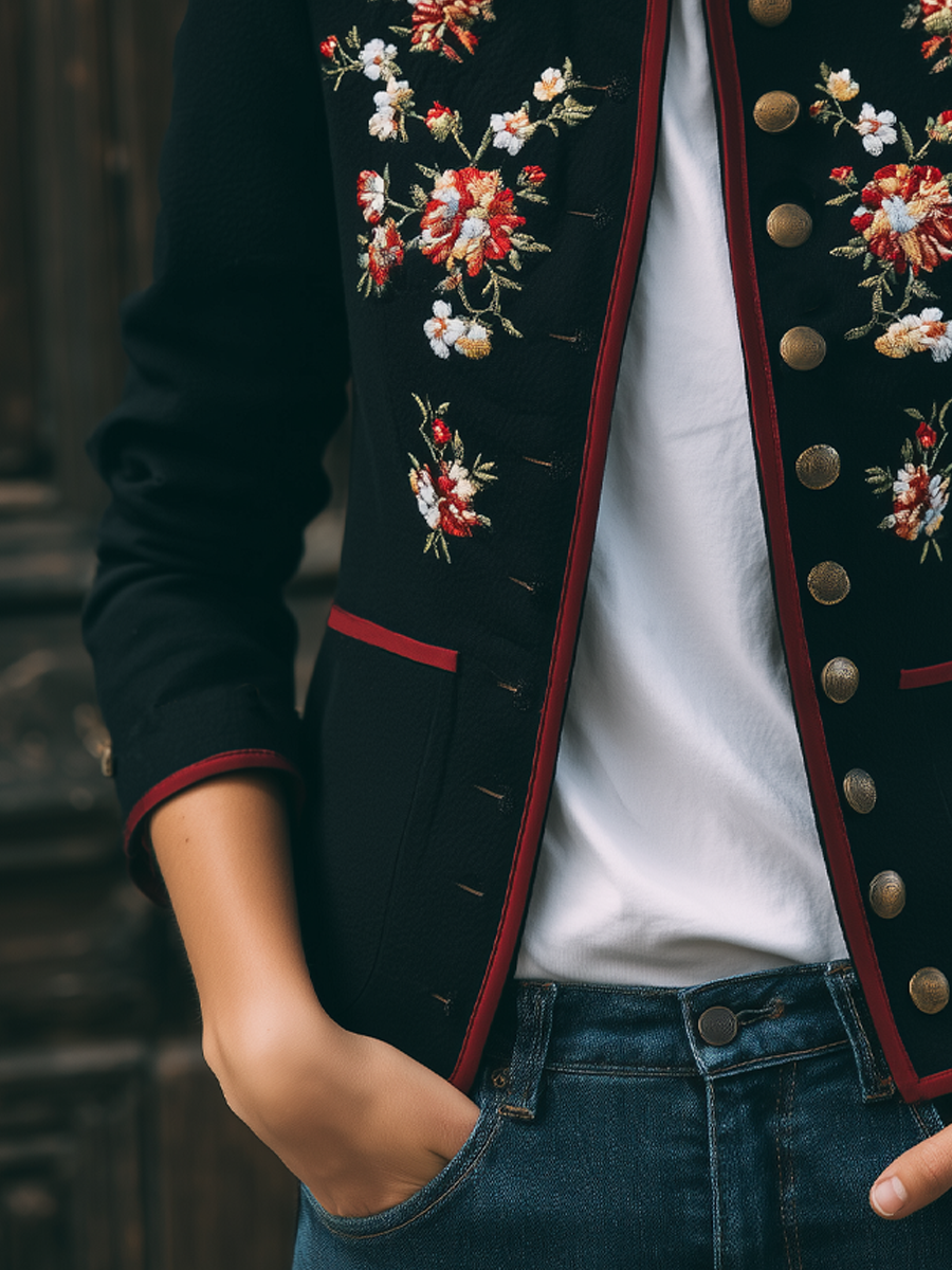 Retro Contrasting Trim Embroidered Jacket