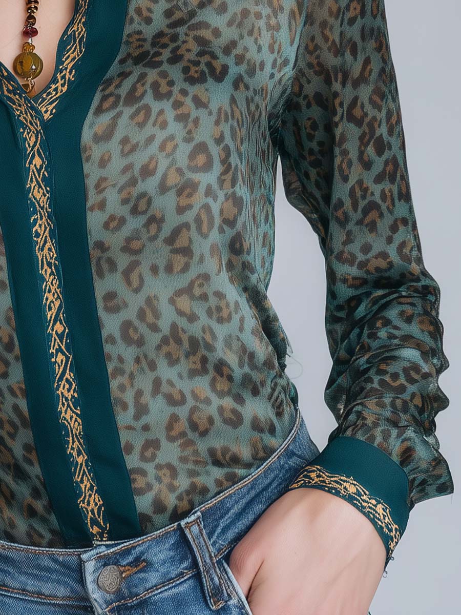 Boho Animal Print Vintage Green Chiffon Shirt