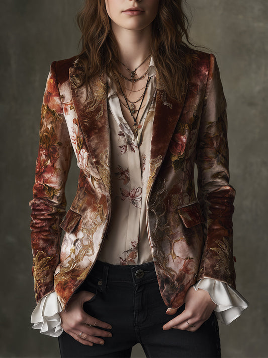 Quiet Luxury Velvet Printed Lapel Blazer