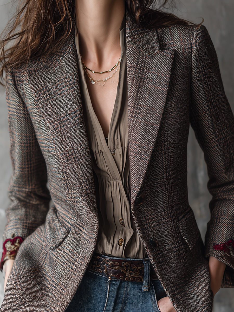 Retro Plaid Woolen Rose Embroidered Lapel Blazer