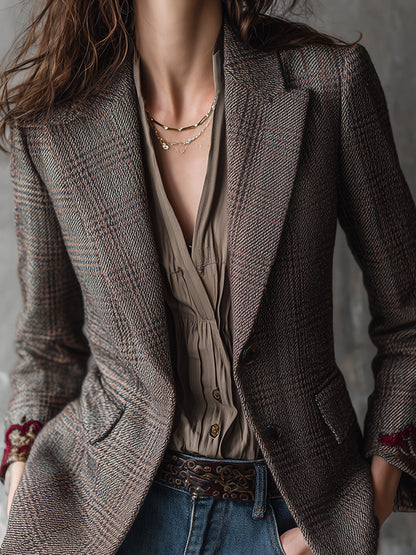 Retro Plaid Woolen Rose Embroidered Lapel Blazer