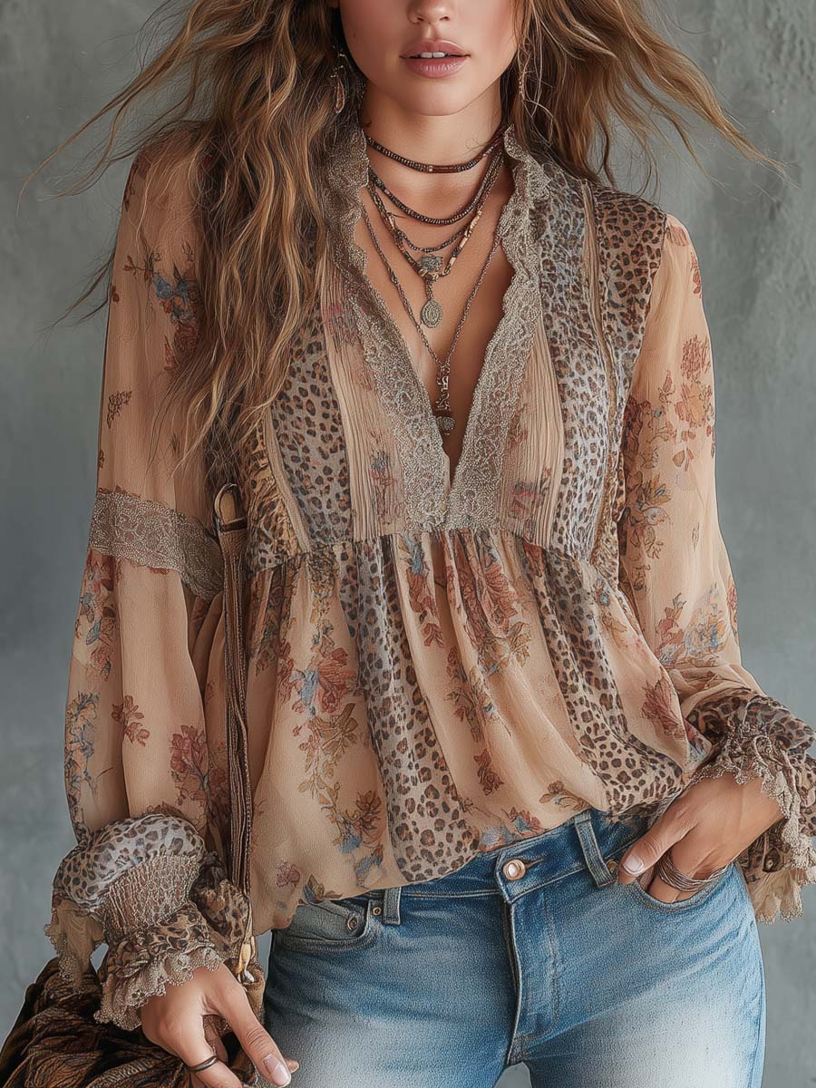 Vintage Leopard Print Floral Lace Blouse