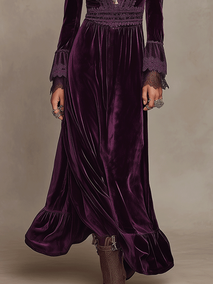 Elegance Boho Velvet Deep-V  Lace Bohemian Maxi Dress