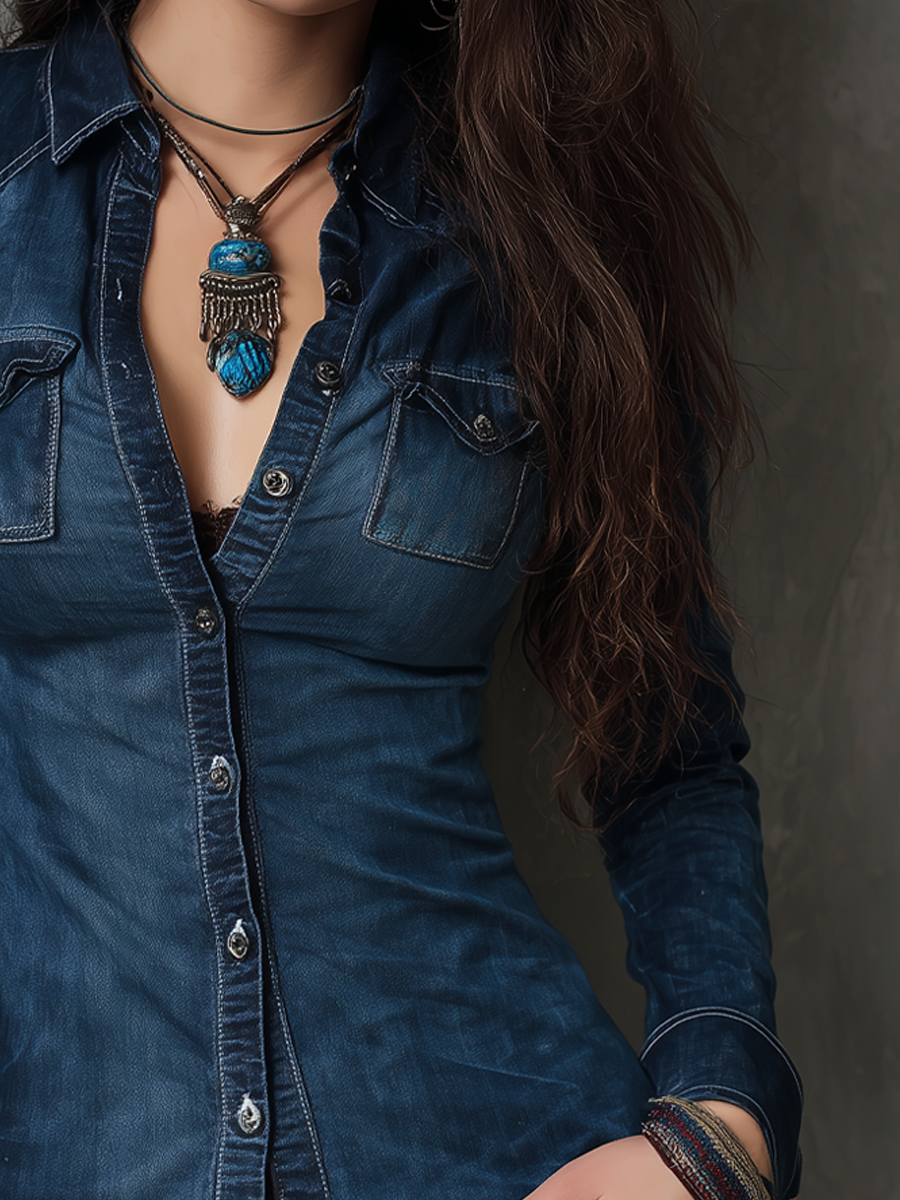 Retro Contrast Stitching Washed Long Sleeve Blouse