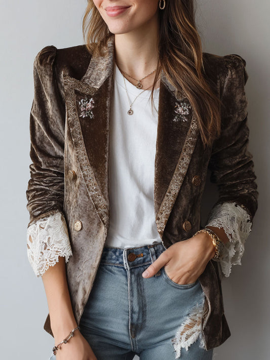 Retro Corduroy Embroidered Lace Splicing Blazer