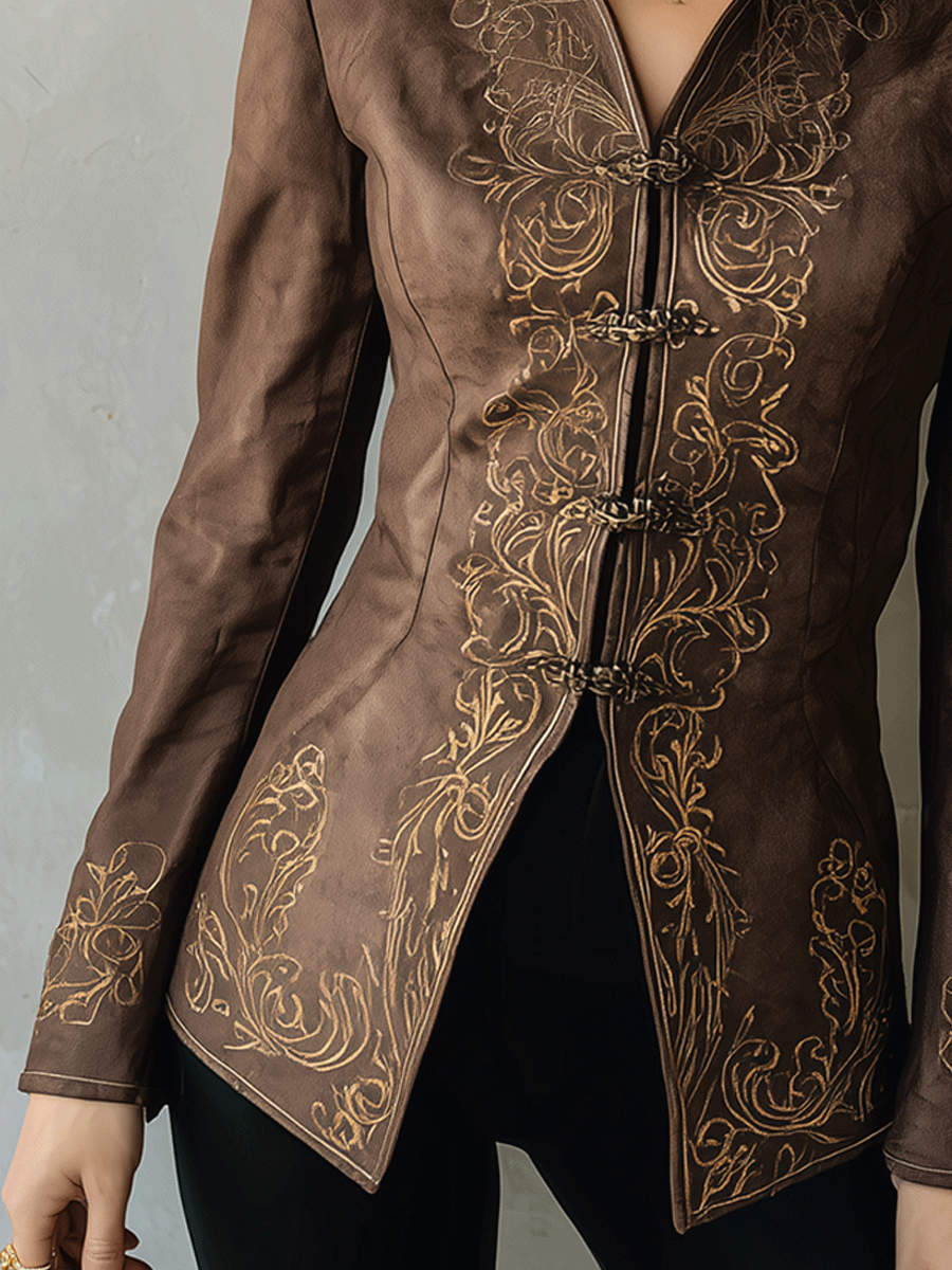 Vintage Brown Embroidered High-Collar Tailored Blouse