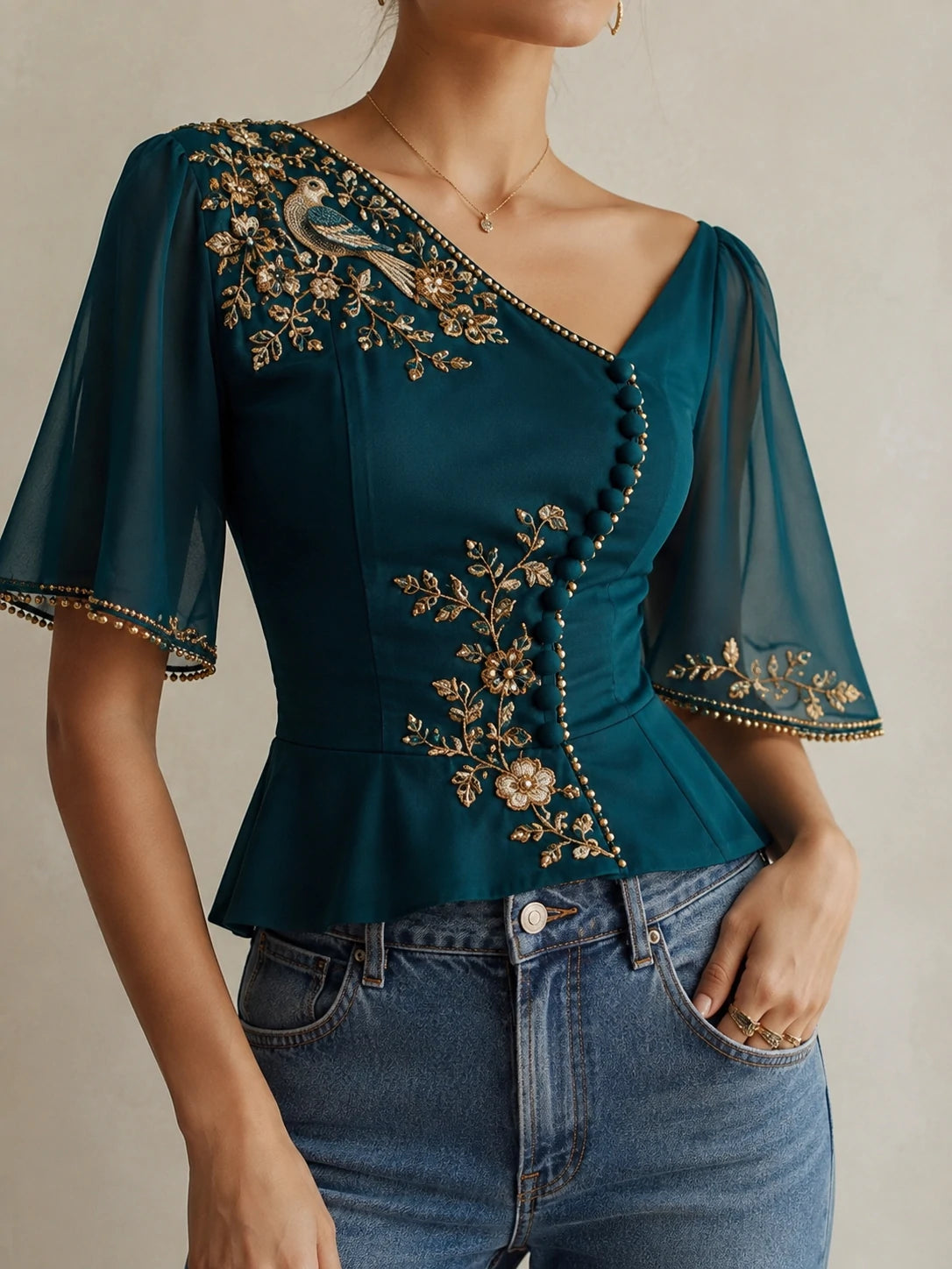 Teal Peacock Embroidered Peplum Blouse