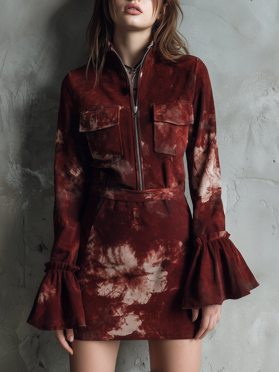 Bohemian Ruffled Cuffs Printed Polyester Suede Mini Dress