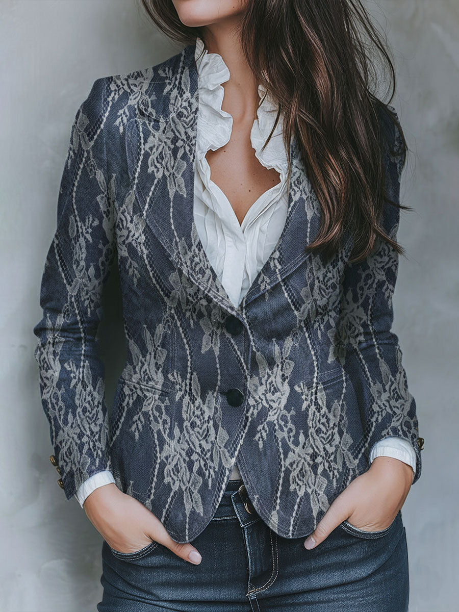 Vintage  Floral Lace Pattern Denim Brocade Tailored Blazer