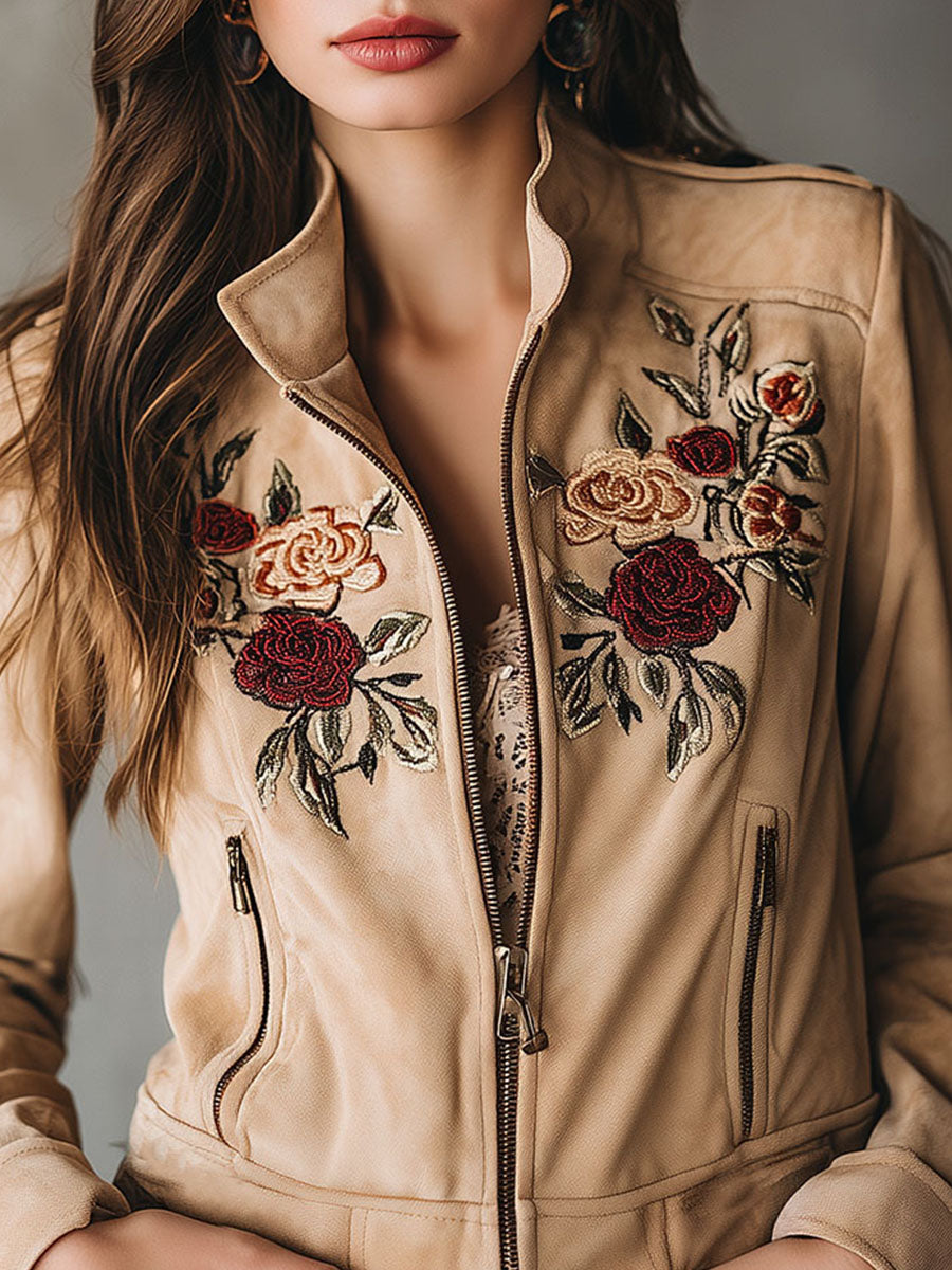 Western Vintage Suede Jacket With Embroidered Rose Motif