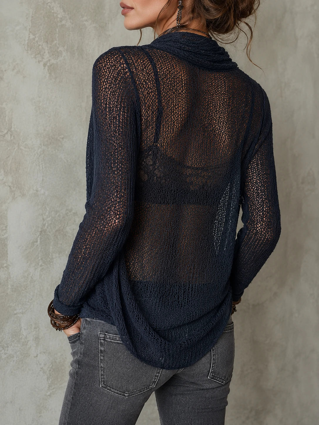 Retro Drape Neck Long-Sleeve Knit Pullover With Lace Camisole