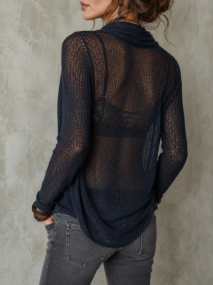 Retro Drape Neck Long-Sleeve Knit Pullover With Lace Camisole
