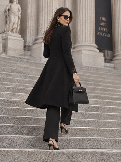 Black Military Lace-Trim Mid-length Wool Coat with Gold Buttons