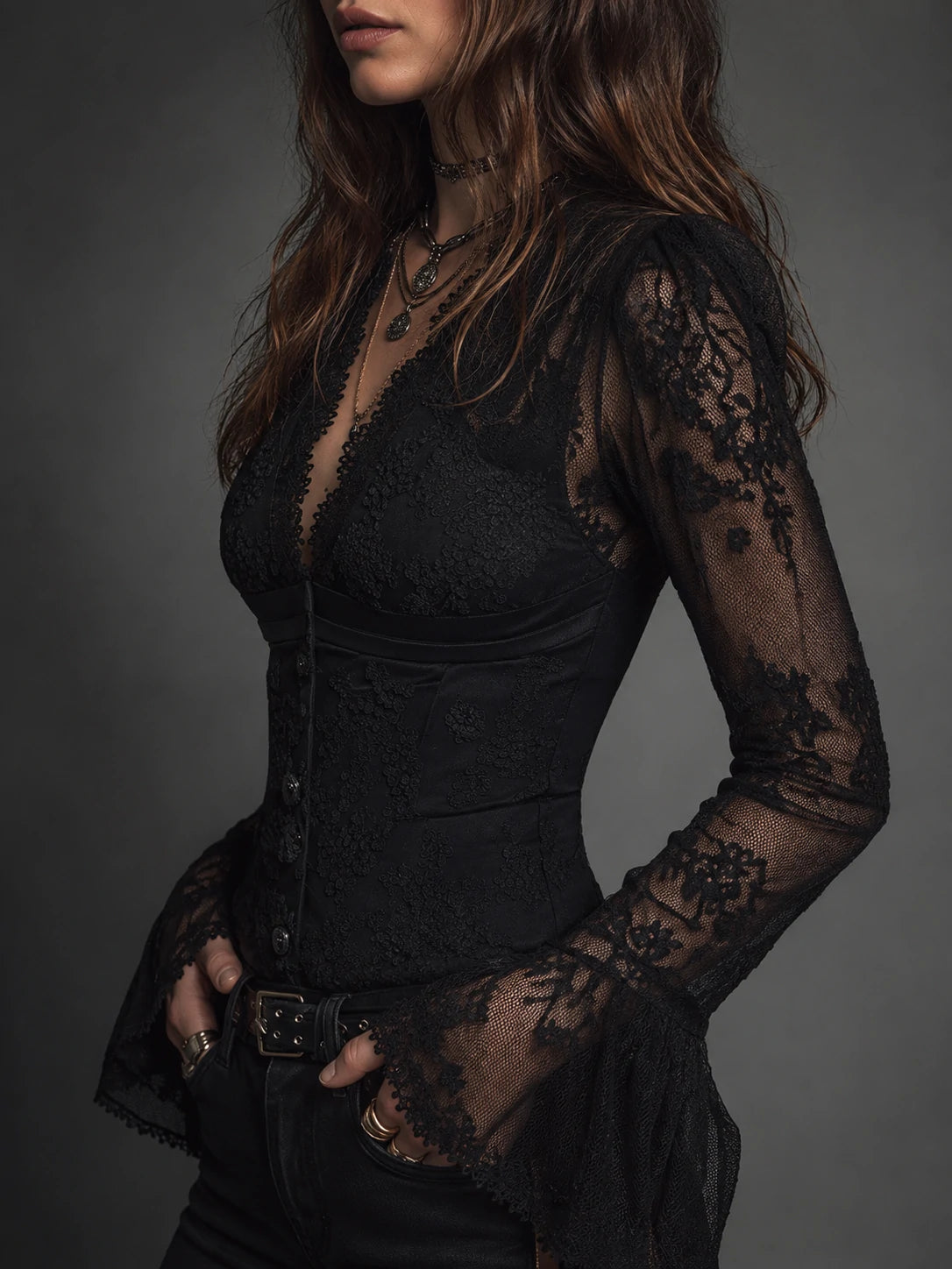 Elegant Black Lace Victorian Corset Blouse