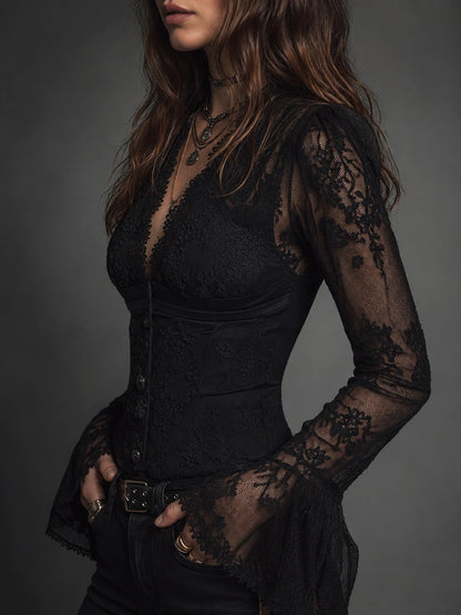 Elegant Black Lace Victorian Corset Blouse