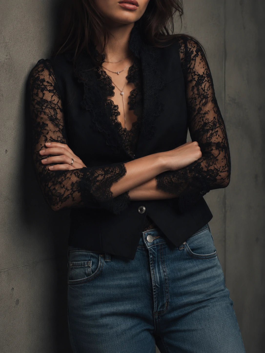 Elegant Black Lace Panel Sleeve Blazer Top Vest