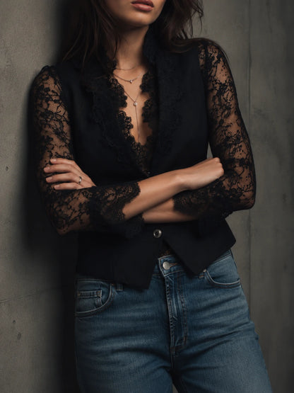 Elegant Black Lace Panel Sleeve Blazer Top Vest