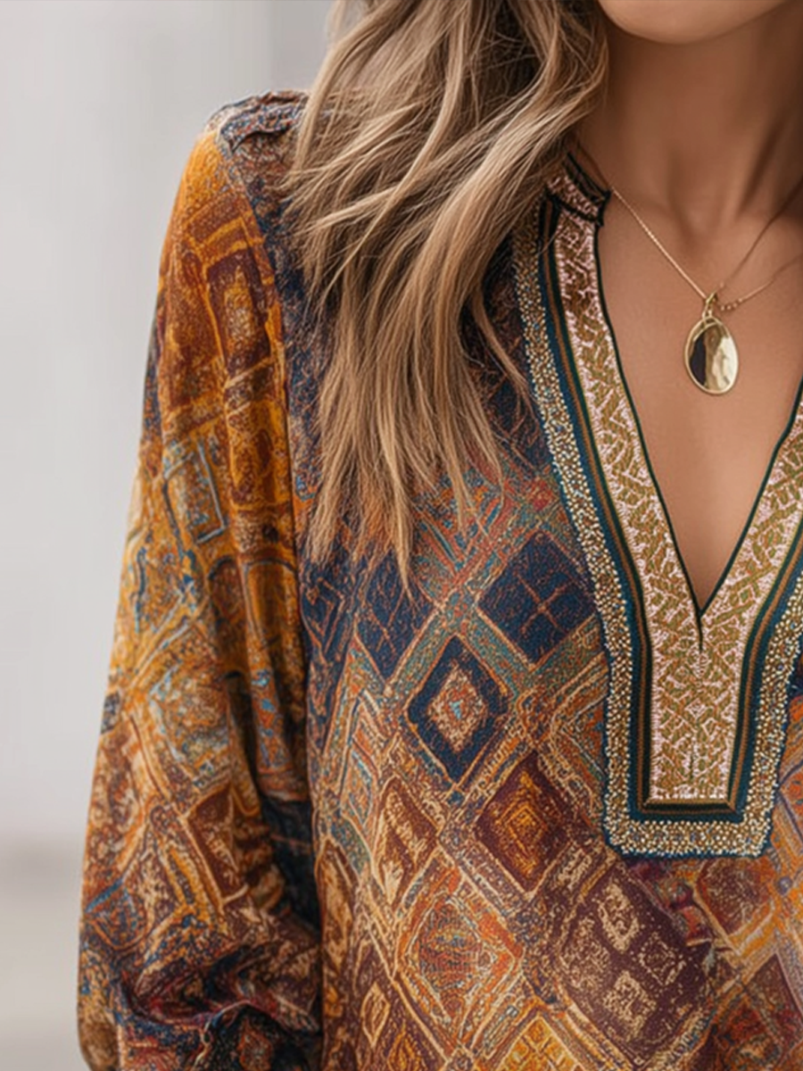 Retro Colorful Diamond Long-sleeved Blouse