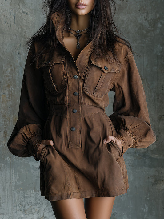 Retro Distressed Bohemian Lantern Sleeve Washed Denim Mini Dress