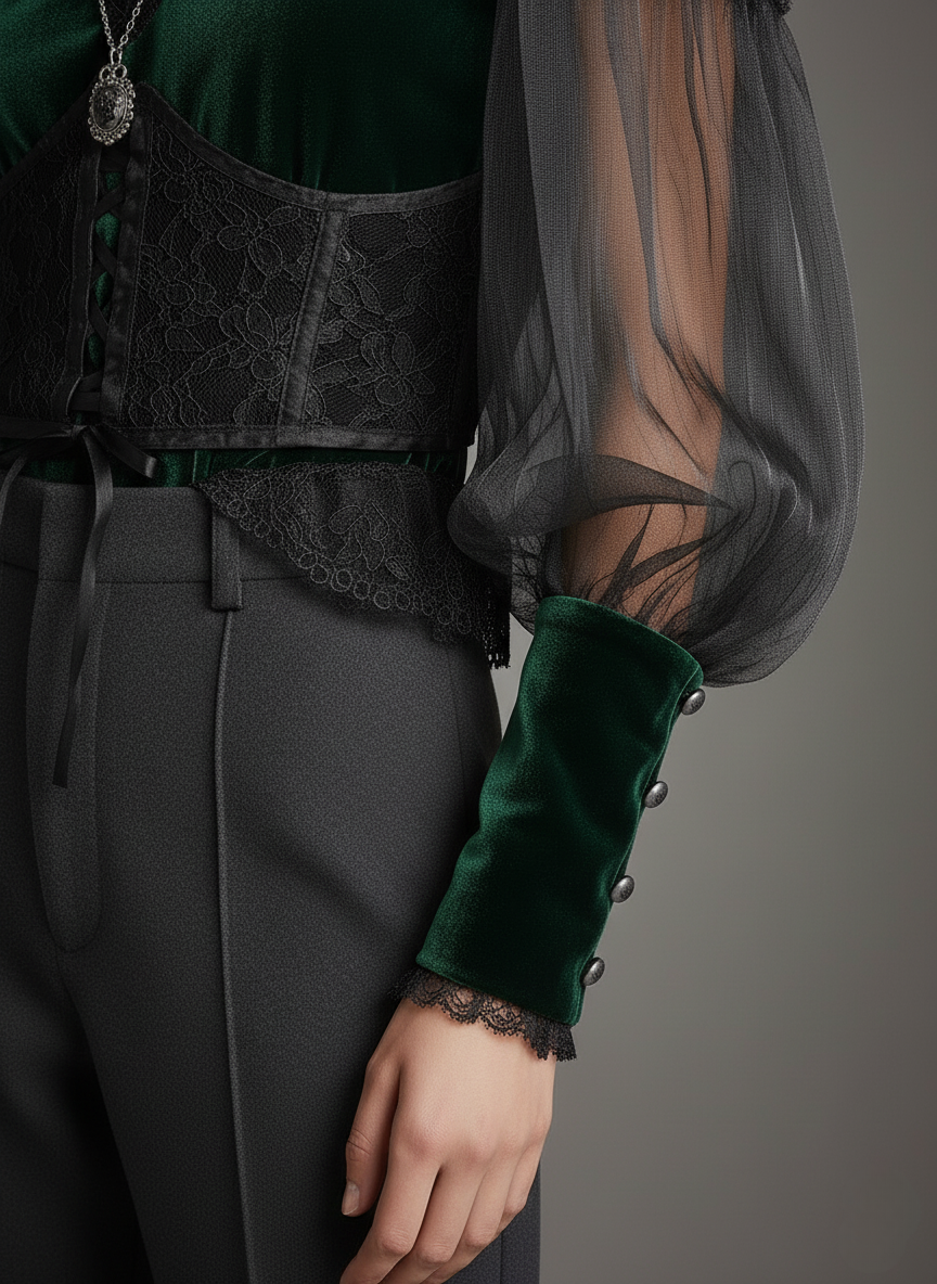 Emerald Velvet & Sheer Lace Corset Blouse