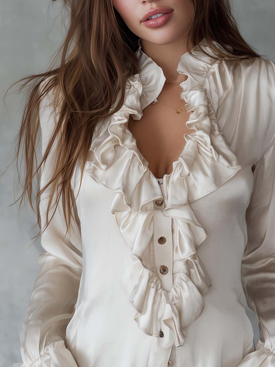 Retro Ruffle Collar Polyester Satin Long Sleeve Blouse