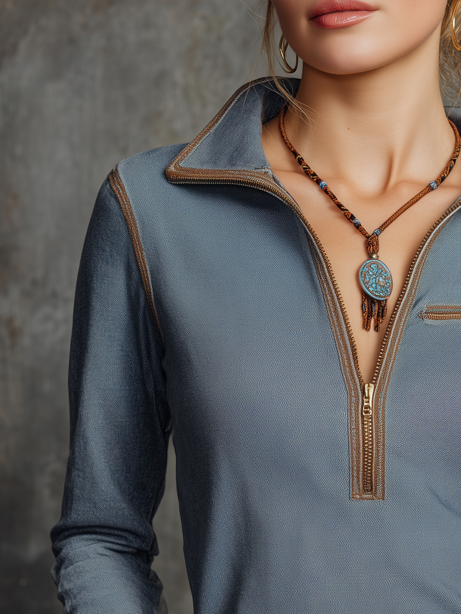Retro Half Zip Collar Contrast Stitching Pocket Blouse