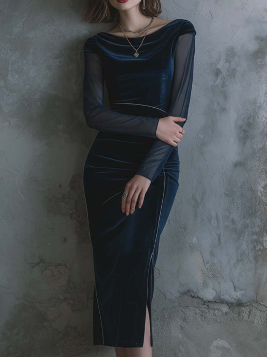 Deep Blue Velvet Bodycon Dress With Sheer Long Sleeves