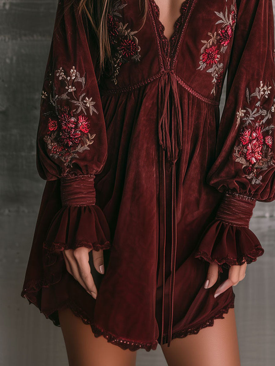 Boho Lace-Trim Wine Microsuede Embroidered Mini Dress