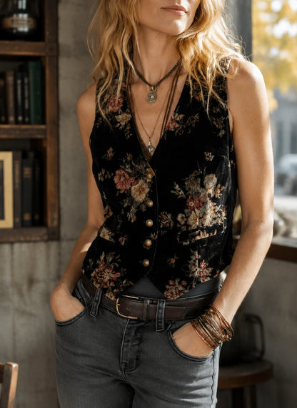 Floral Velvet Button-Up Vest