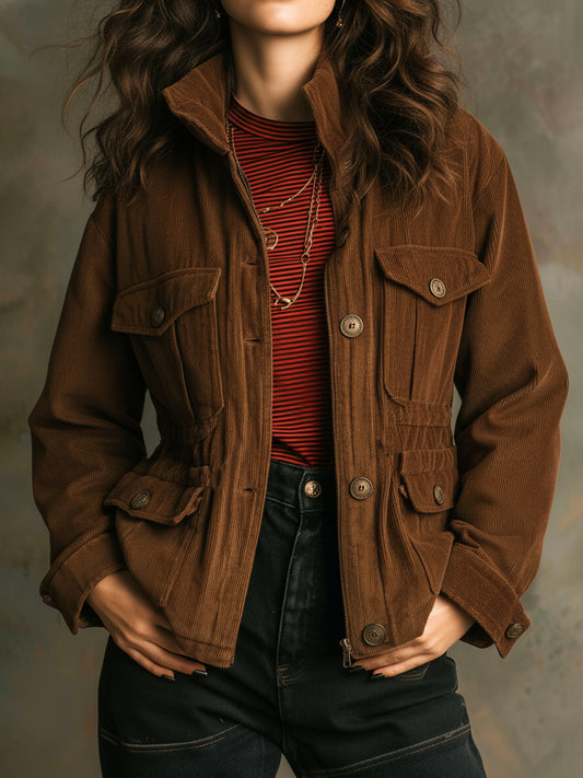 Vintage Stand Collar Brown Corduroy Utility Jacket