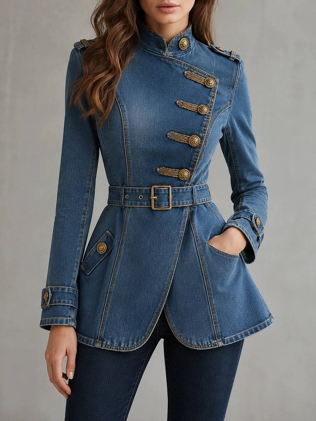 Blue Denim Military Belted Jacket