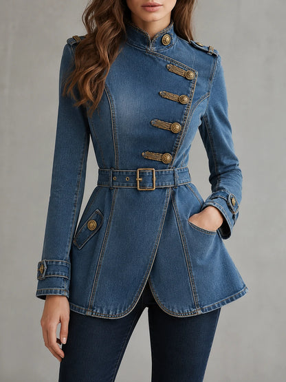 Blue Denim Military Belted Jacket