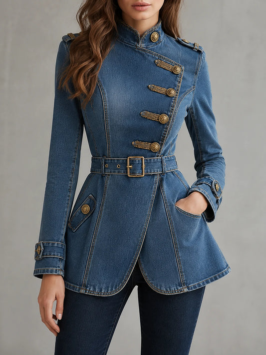 Blue Denim Military Belted Jacket