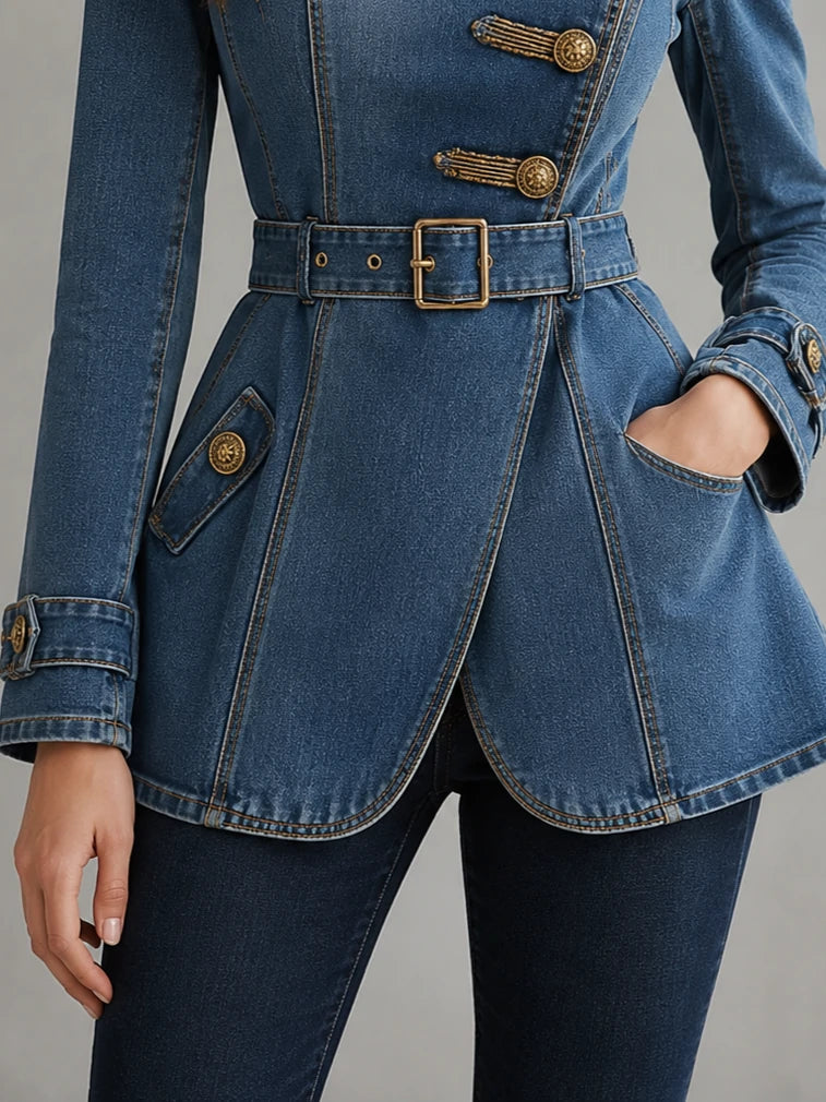 Blue Denim Military Belted Jacket