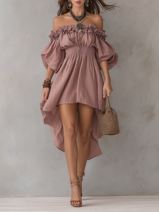 Off-the-shoulder Linen High-low Hem Midi Dress With Ruffles