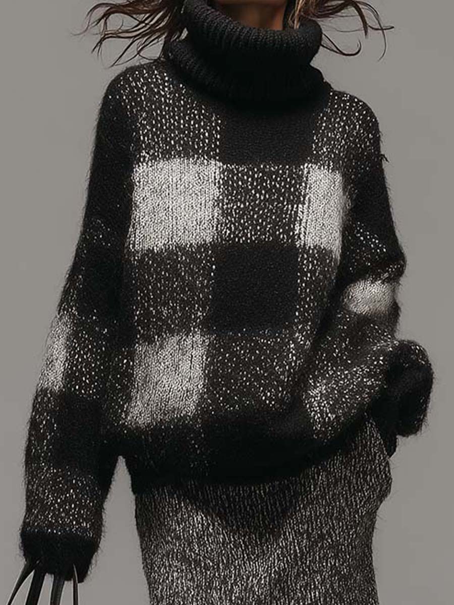 Plaid Turtleneck Knit Sweater & Skirt Set