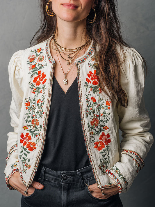 Vintage Puff Sleeve Floral Embroidered Jacket