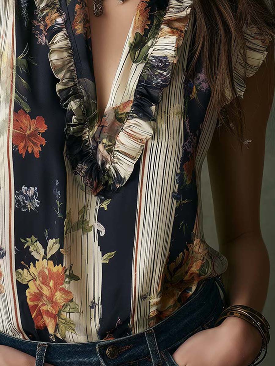 Vintage Boho Floral Stripe Ruffle Sleeveless Blouse