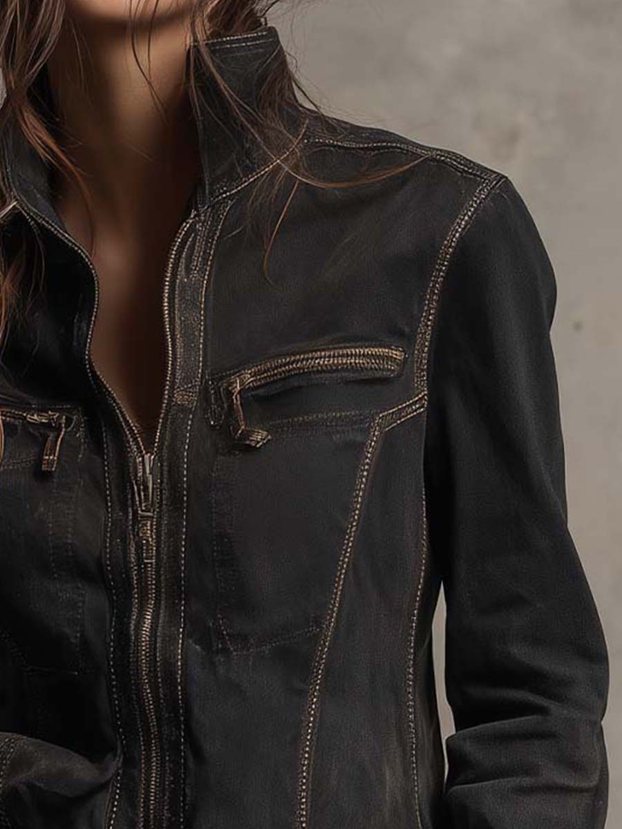 Vintage Washed Denim Jacket With Accentuated Shoulder Line