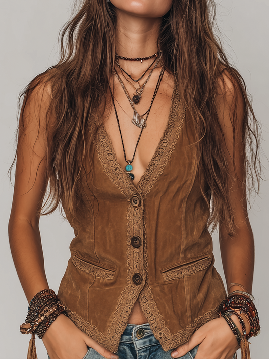 Vintage Lace Trim Distressed Suede Vest