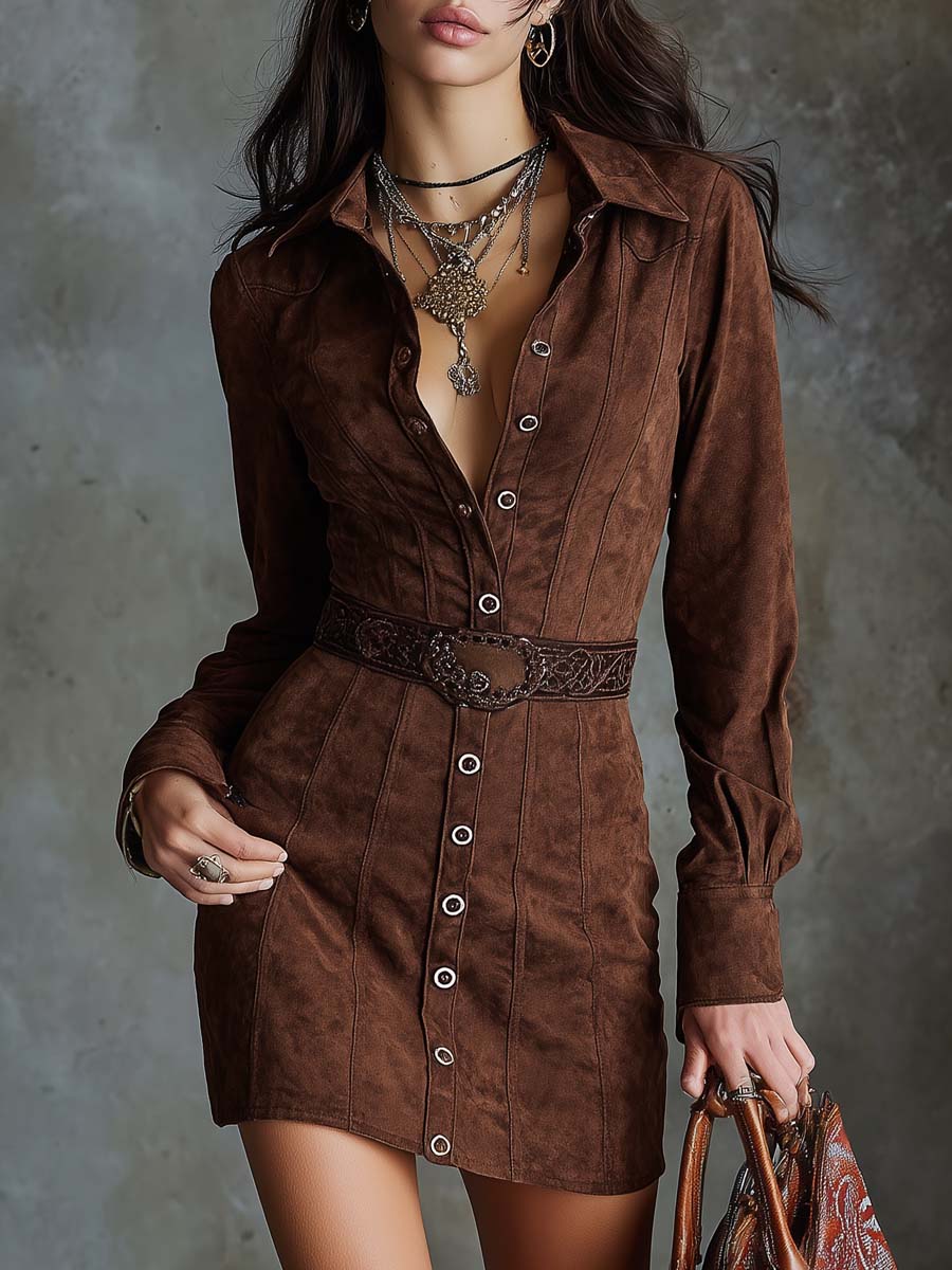 Retro Polyester Suede Shirt Mini Dress