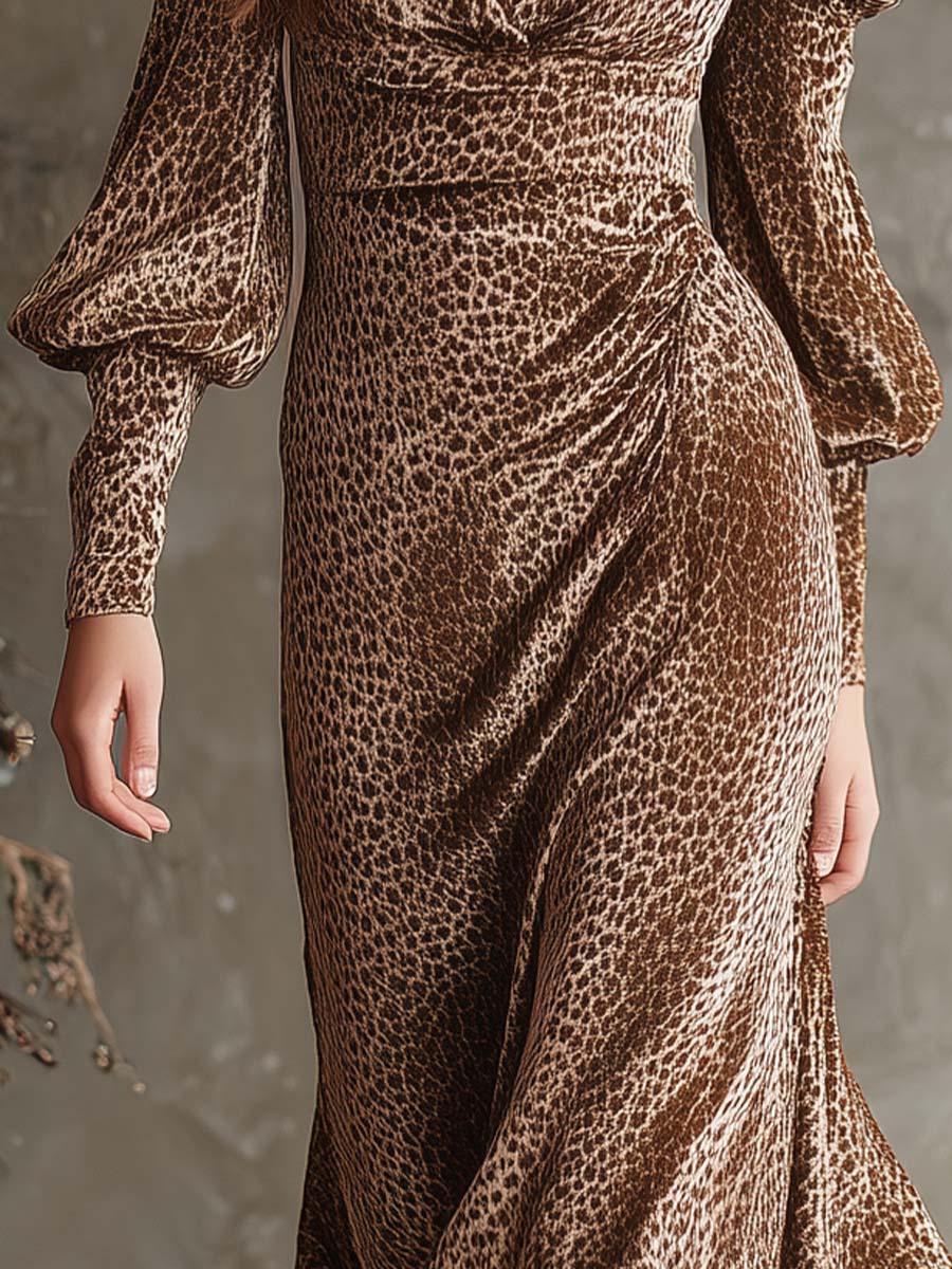 Champagne Leopard Velvet Wrap Midi Dress