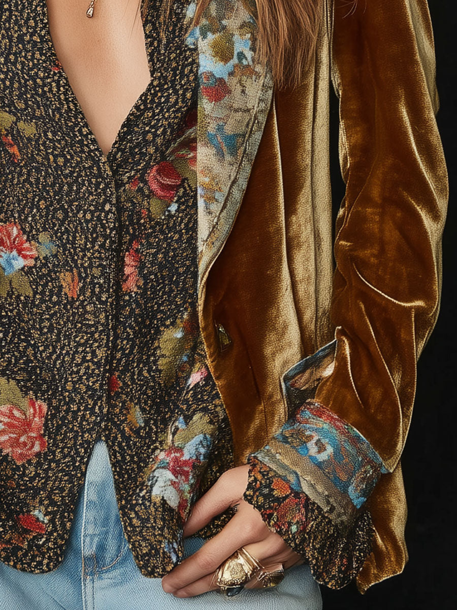 Vintage Lapel Velvet Floral Print Patchwork Blazer