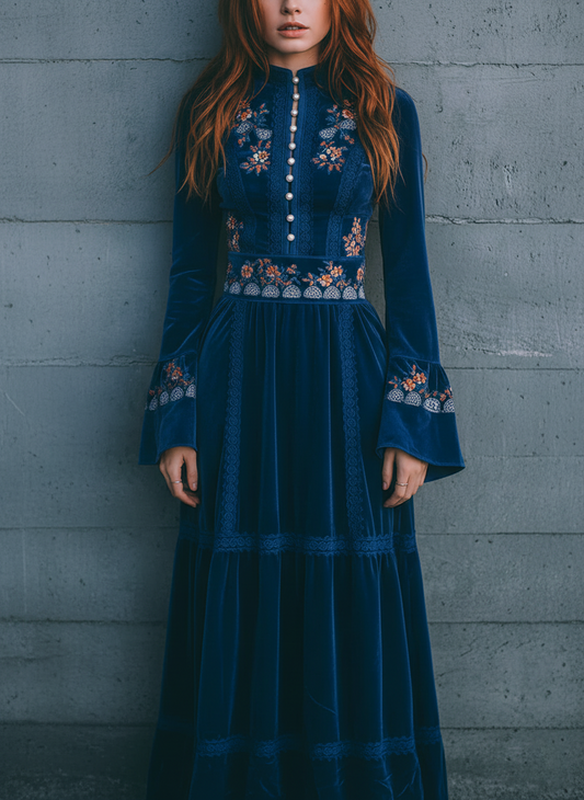 Retro Elegant Blue Velvet Embroidered Long Sleeve Maxi Dress